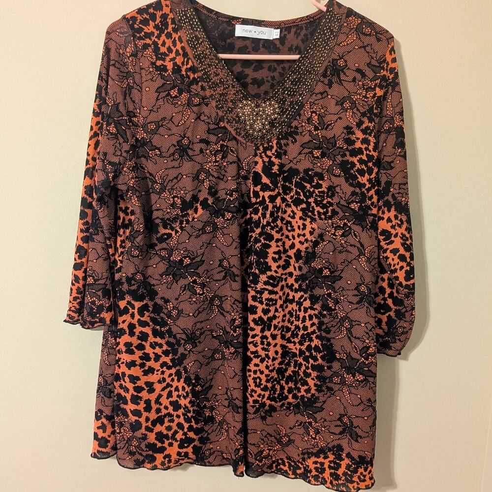 New . You Pink/Orange Cheetah Print Blouse With Beaded Neckline